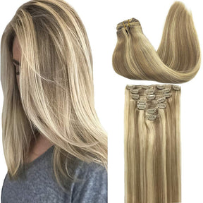 Extensions capillaires à clip châtain clair/blond doré